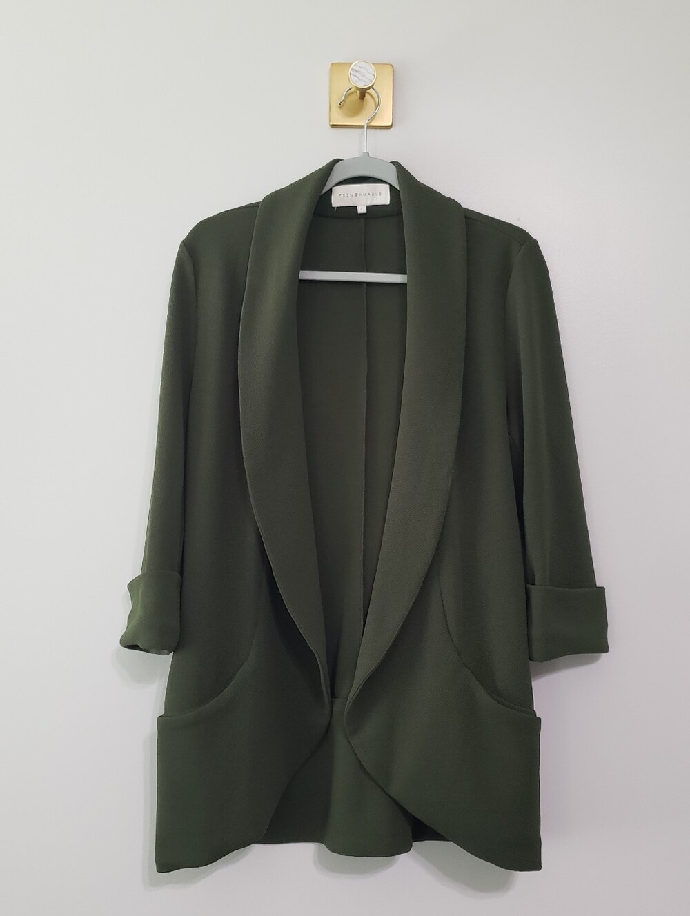 FrenchMauve Melanie Knit Open-Front Tunic Blazer Olive Large Pockets Office Work